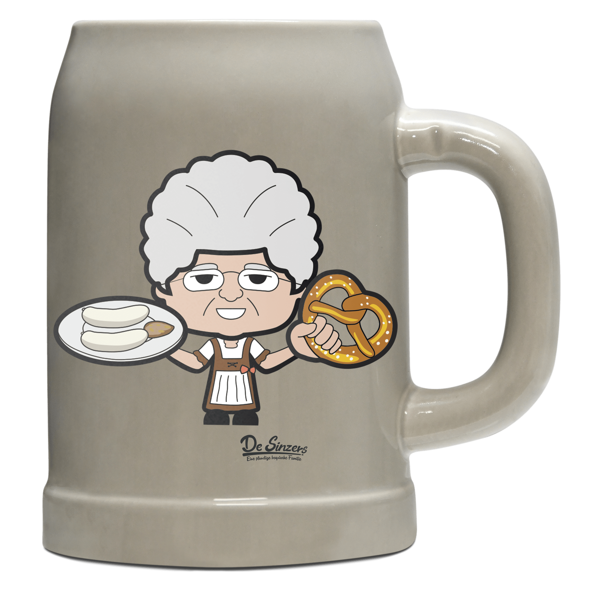 Die Oid Sinzerin Weißwurscht und Brezn Bierkrug 500ml Grau Watzmann Front