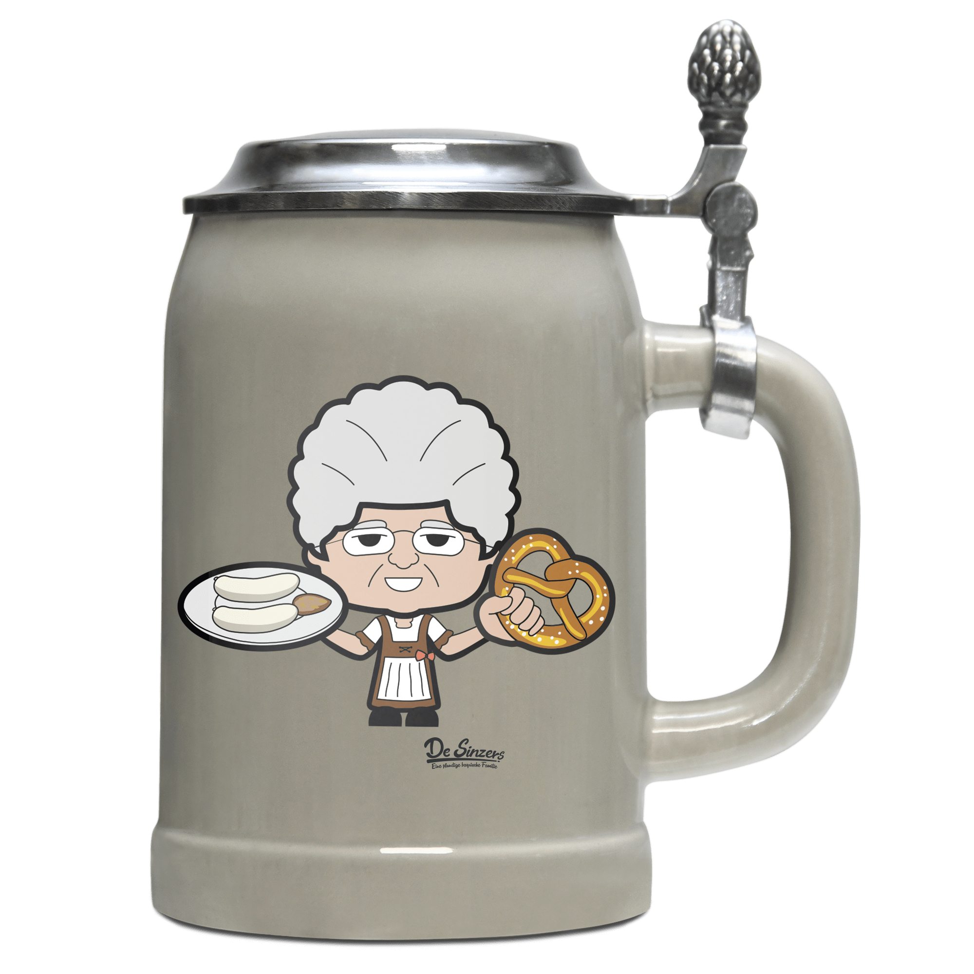 Die Oid Sinzerin Weisswurscht und Brezn Bierkrug 500ml Grau mit Deckel Hocheck Front