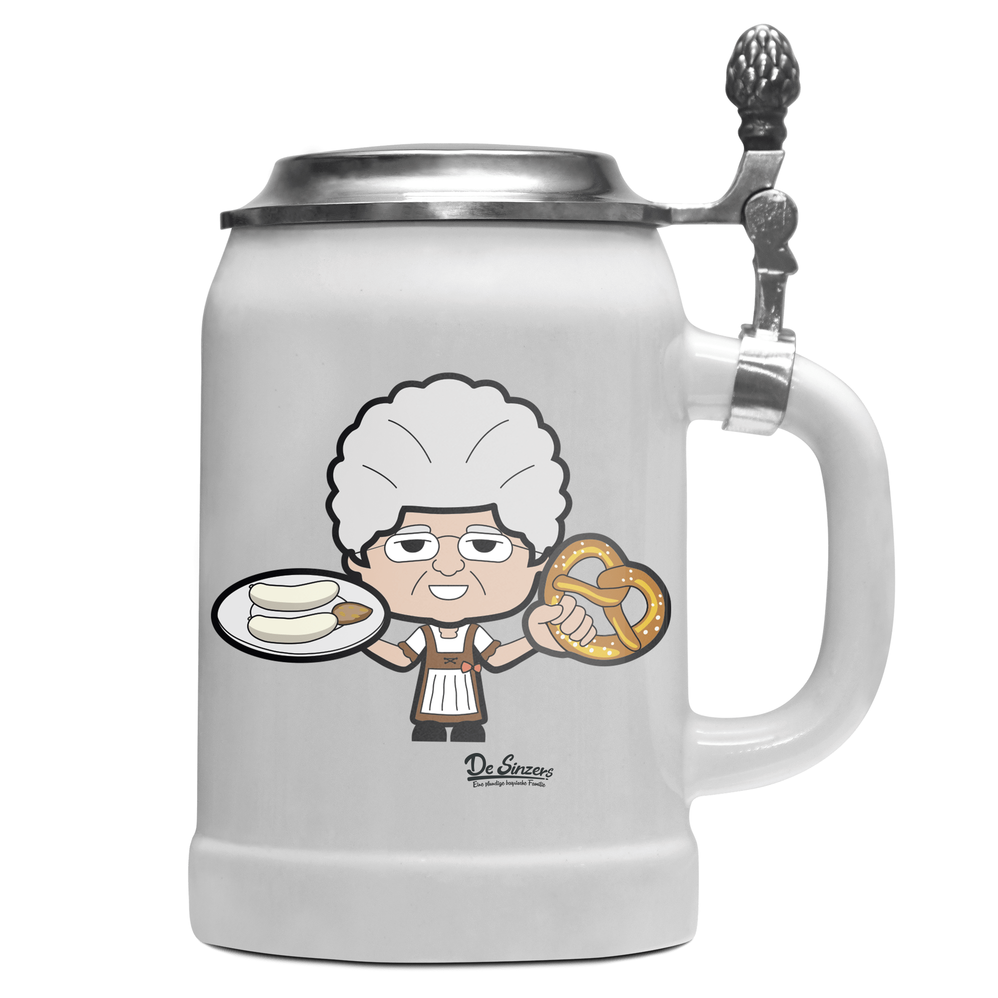 Die Oid Sinzerin Weißwurscht und Brezn Bierkrug 500ml Weiss mit Deckel Wetterspitzen Front