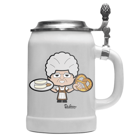Die Oid Sinzerin Weißwurscht und Brezn Bierkrug 500ml Weiss mit Deckel Wetterspitzen Front