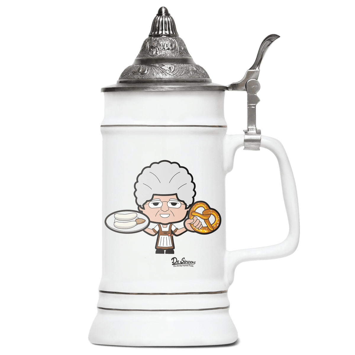 Die Oid Sinzerin Weisswurscht und Brezn Bierkrug 500ml Weiss mit Spitzdeckel Wendelstein Front