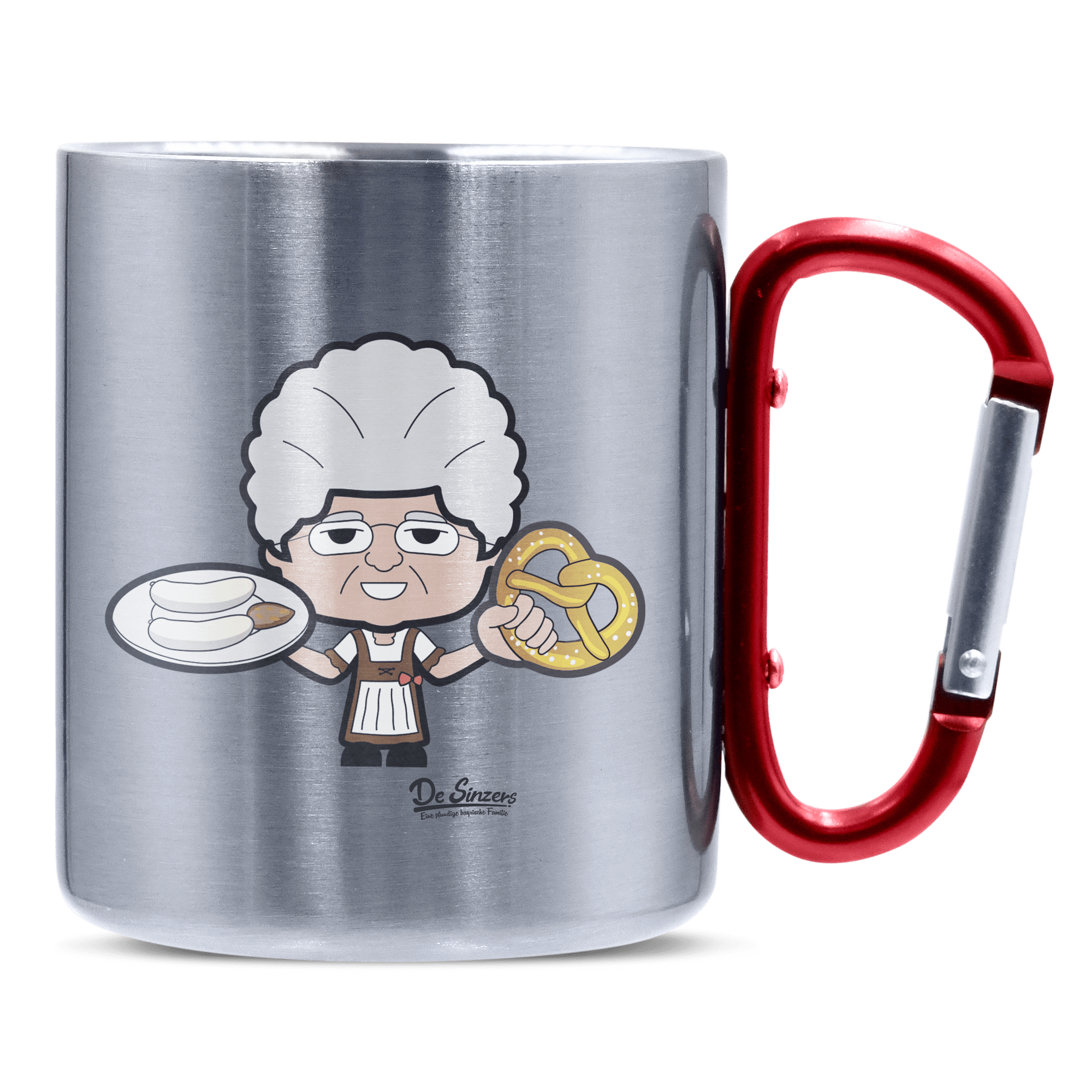 Die Oid Sinzerin Weißwurscht und Brezn Edelstahl Kaffeetasse roter Karabiner 320ml Kitzstein Front