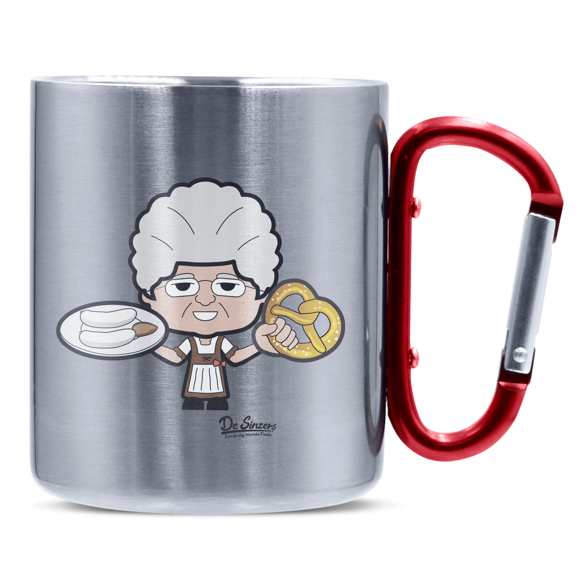 Die Oid Sinzerin Weißwurscht und Brezn Edelstahl Kaffeetasse roter Karabiner 320ml Kitzstein Front