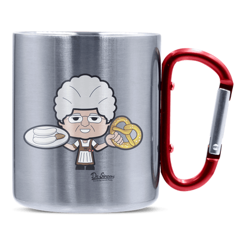 Die Oid Sinzerin Weißwurscht und Brezn Edelstahl Kaffeetasse roter Karabiner 320ml Kitzstein Front
