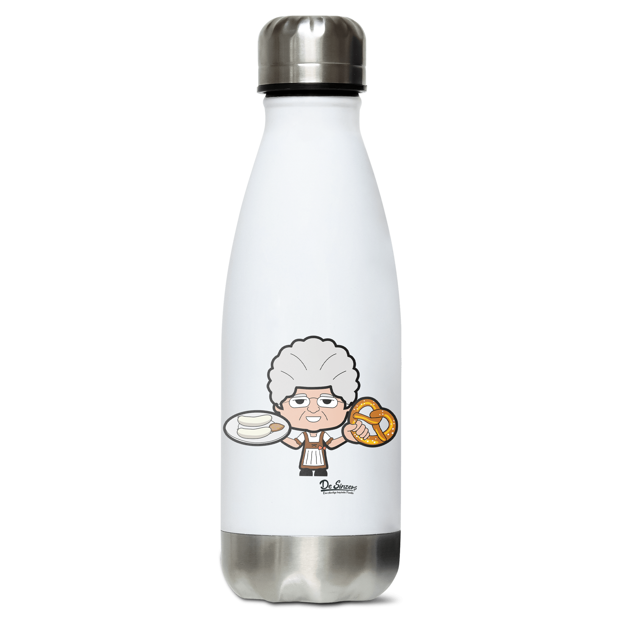 Die Oid Sinzerin Weisswurscht und Brezn Edelstahl Thermoflasche 350ml Weiss Silber Kreuzspitze Front