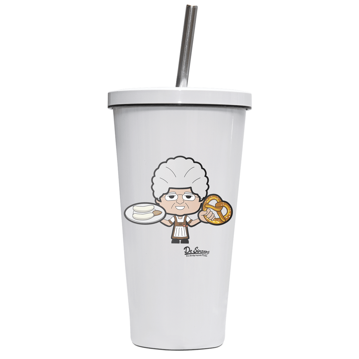 Die Oid Sinzerin Weisswurscht und Brezn Edelstahl Trinkbecher mit Strohhalm 480ml Weiss Krottenkopf Front