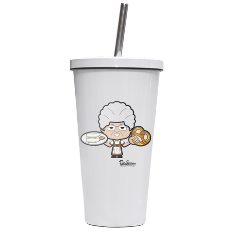Die Oid Sinzerin Weisswurscht und Brezn Edelstahl Trinkbecher mit Strohhalm 480ml Weiss Krottenkopf Front
