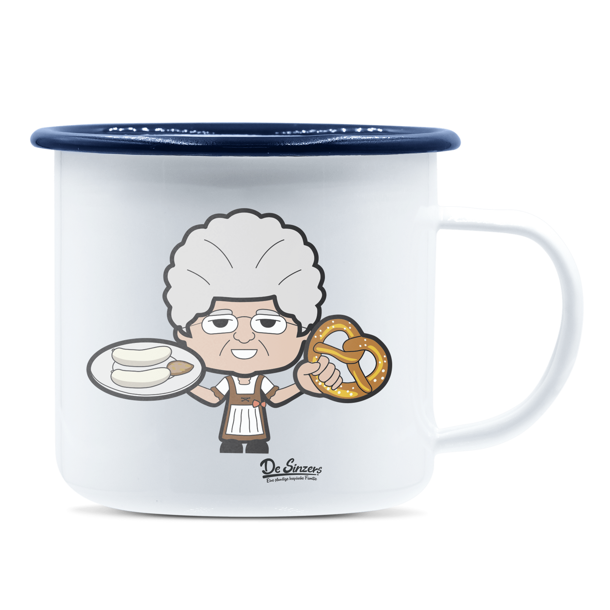 Die Oid Sinzerin Weißwurscht und Brezn Emaille Tasse 375ml Weiss Blau Heuberg Front