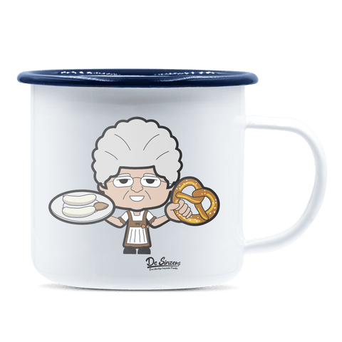 Die Oid Sinzerin Weißwurscht und Brezn Emaille Tasse 375ml Weiss Blau Heuberg Front