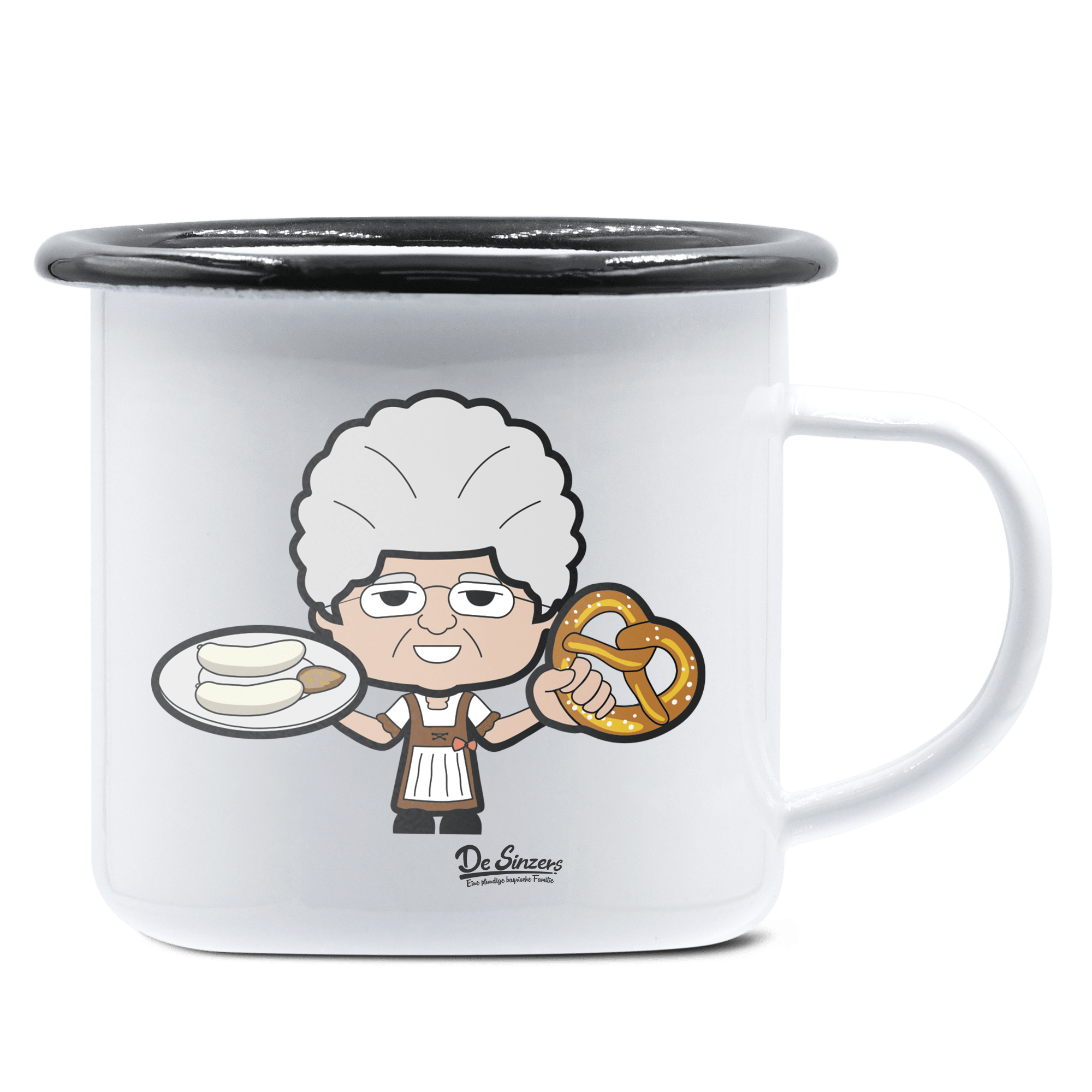 Die Oid Sinzerin Weißwurscht und Brezn Emaille Tasse 375ml Weiss Schwarz Hochries Front