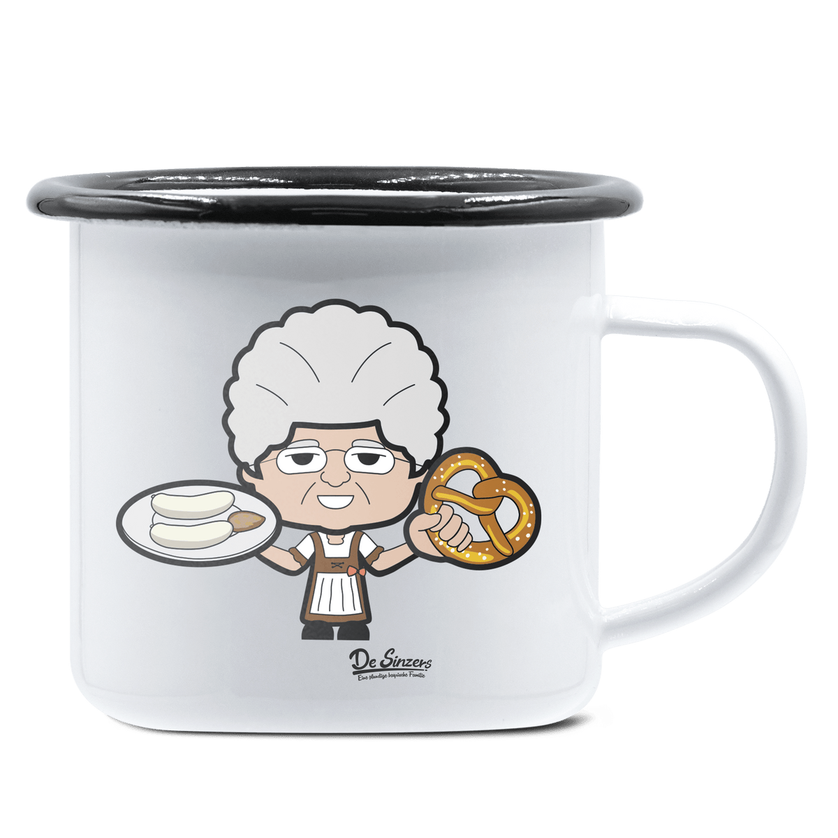 Die Oid Sinzerin Weißwurscht und Brezn Emaille Tasse 375ml Weiss Schwarz Hochries Front