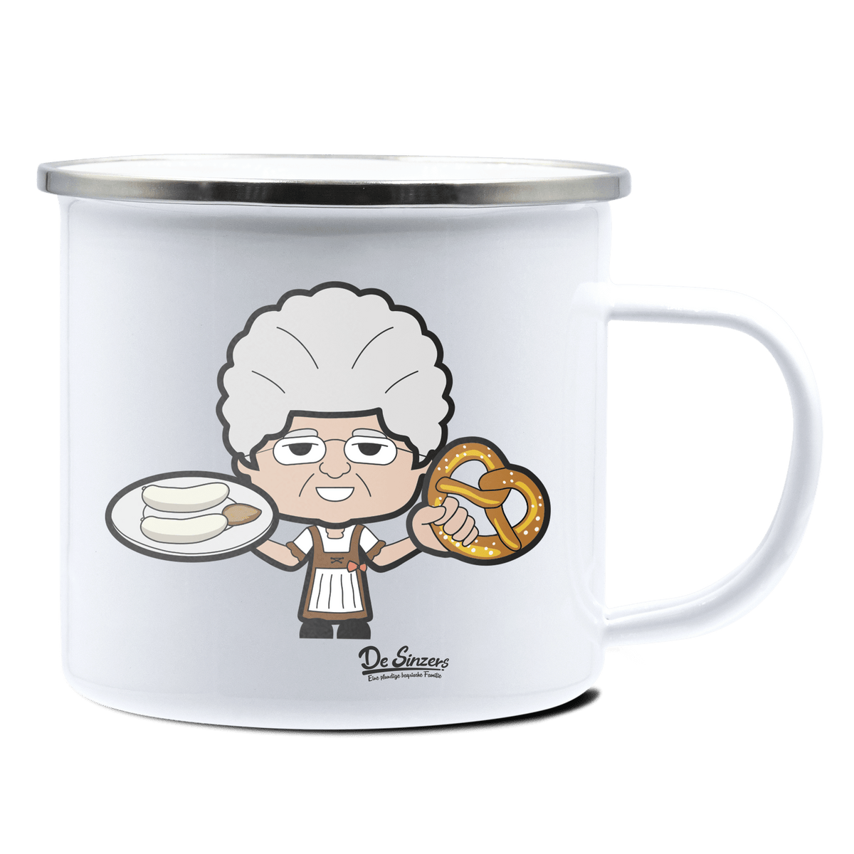 Die Oid Sinzerin Weißwurscht und Brezn Emaille Tasse 375ml Weiss Silber Kampenwand Front