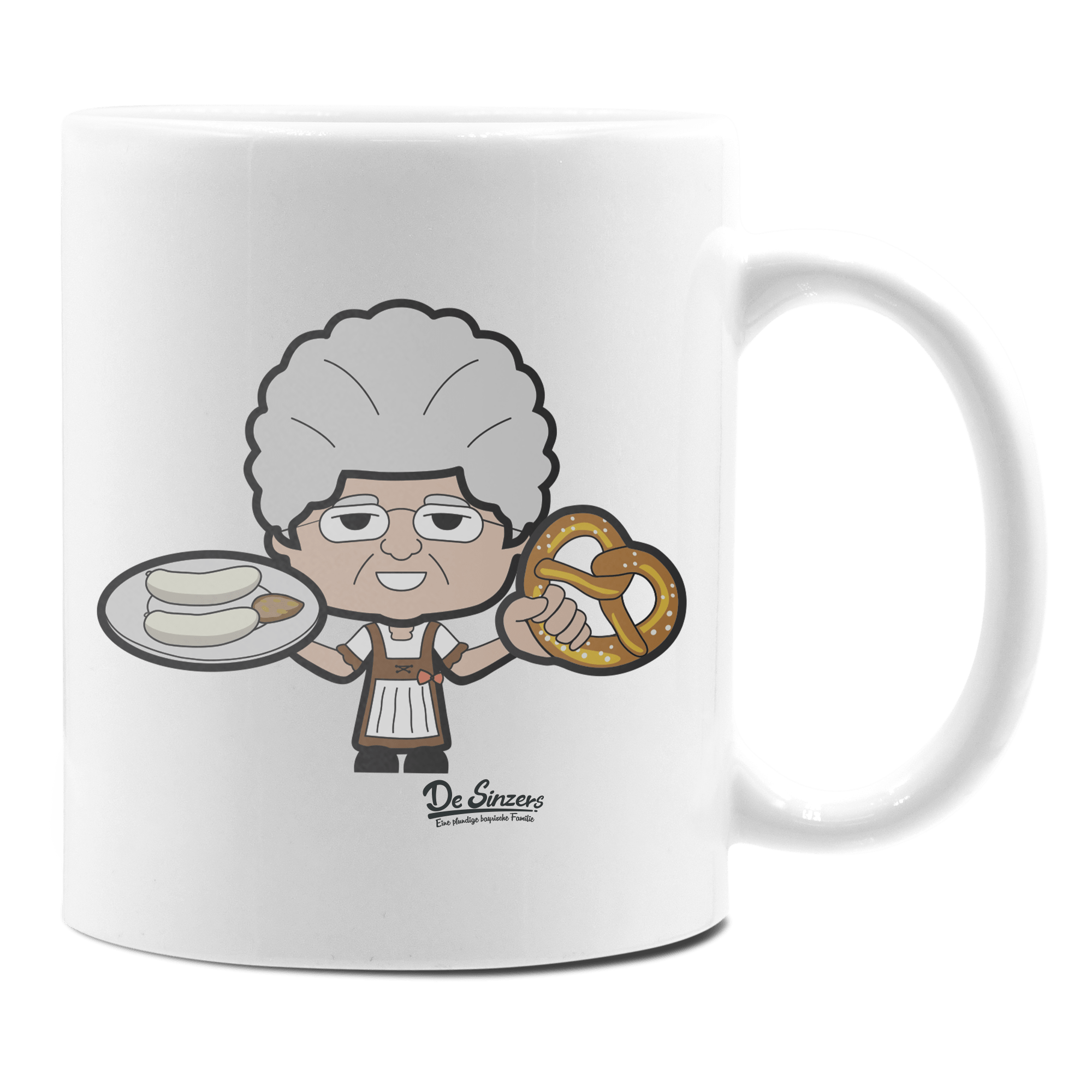 Die Oid Sinzerin Weißwurscht und Brezn Keramik Kaffeetasse 330ml Weiss Rampoldplatte Front