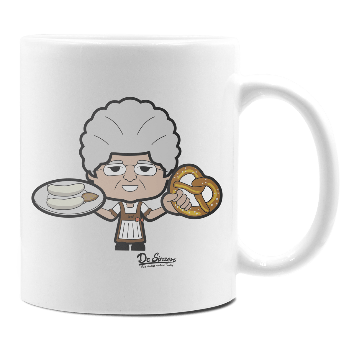 Die Oid Sinzerin Weißwurscht und Brezn Keramik Kaffeetasse 330ml Weiss Rampoldplatte Front
