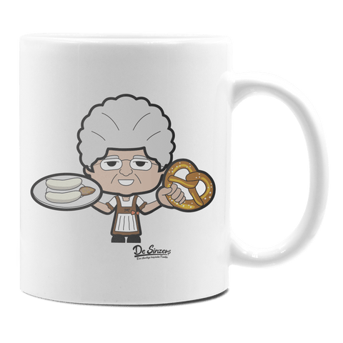 Die Oid Sinzerin Weißwurscht und Brezn Keramik Kaffeetasse 330ml Weiss Rampoldplatte Front