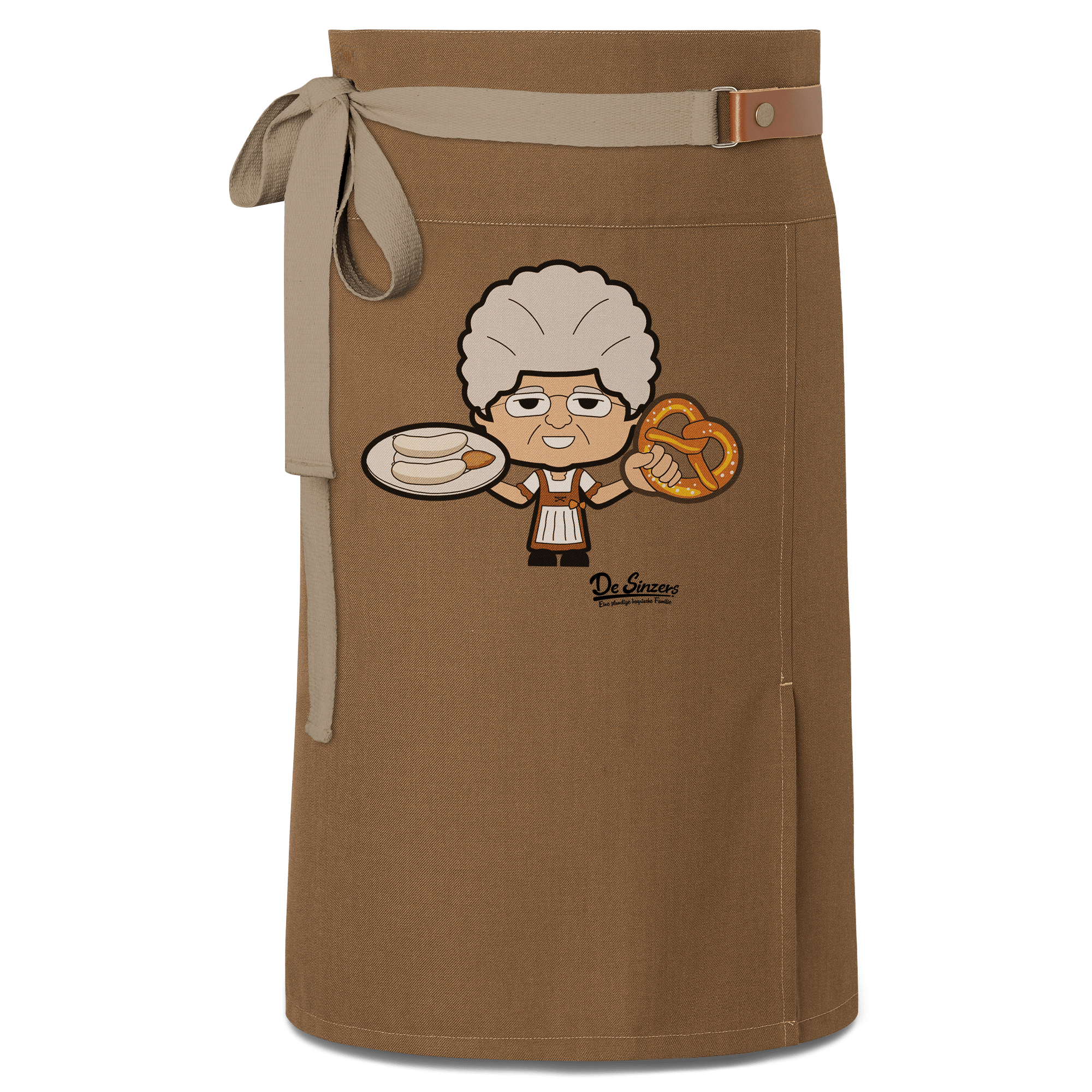 Die Oid Sinzerin Weisswurscht und Brezn Schuerze Vorbinder Braun Haidham Front