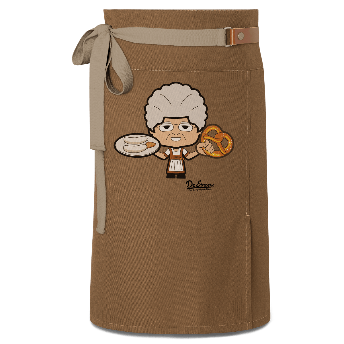 Die Oid Sinzerin Weisswurscht und Brezn Schuerze Vorbinder Braun Haidham Front