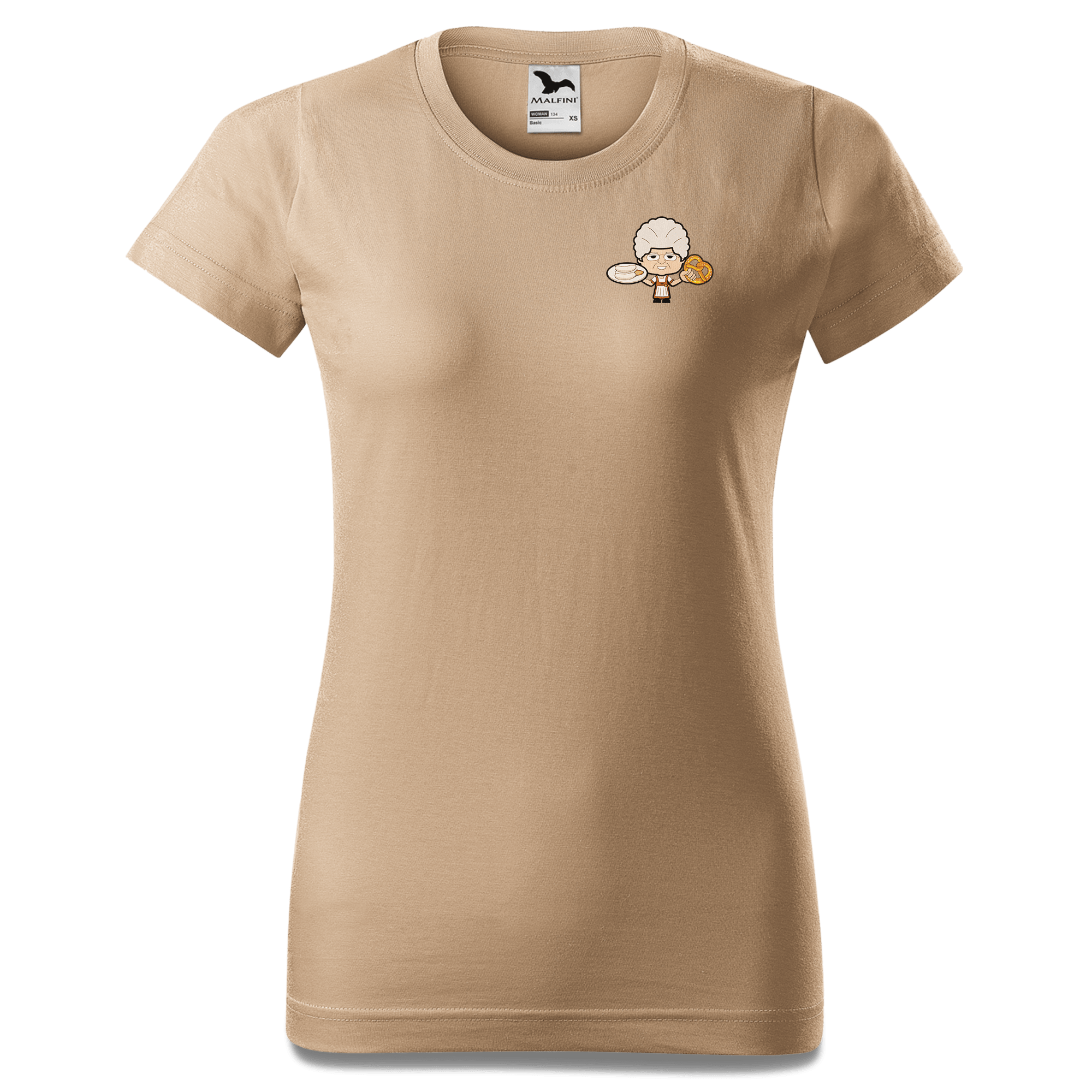 Die Oid Sinzerin Weisswurscht und Brezn T Shirt Damen Sand Fussen Front