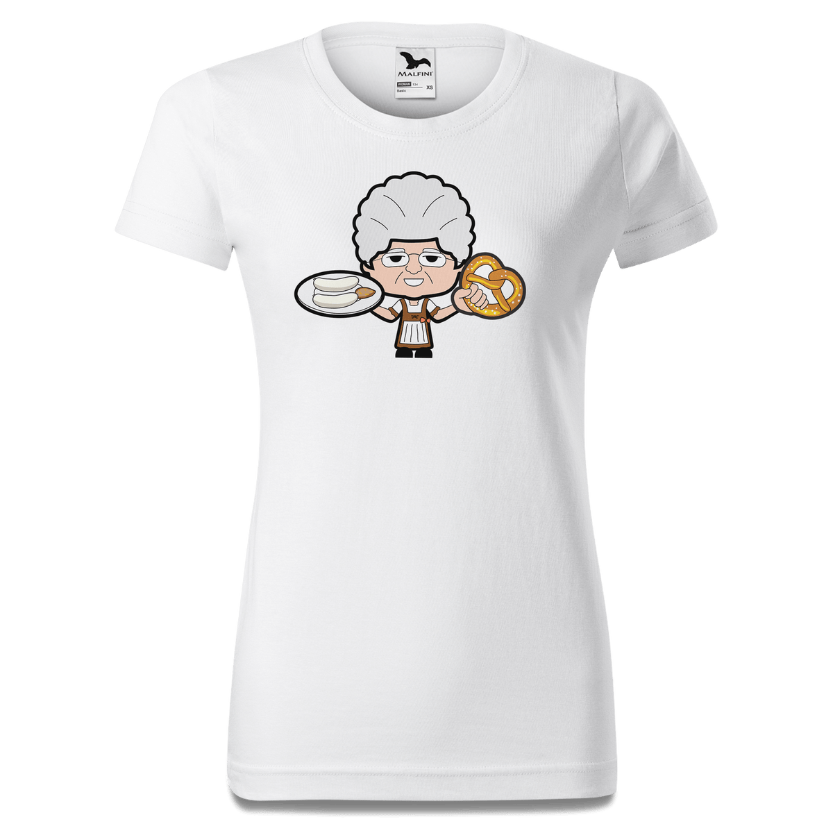 Die Oid Sinzerin Weisswurscht und Brezn T Shirt Damen Weiss Gehering Front