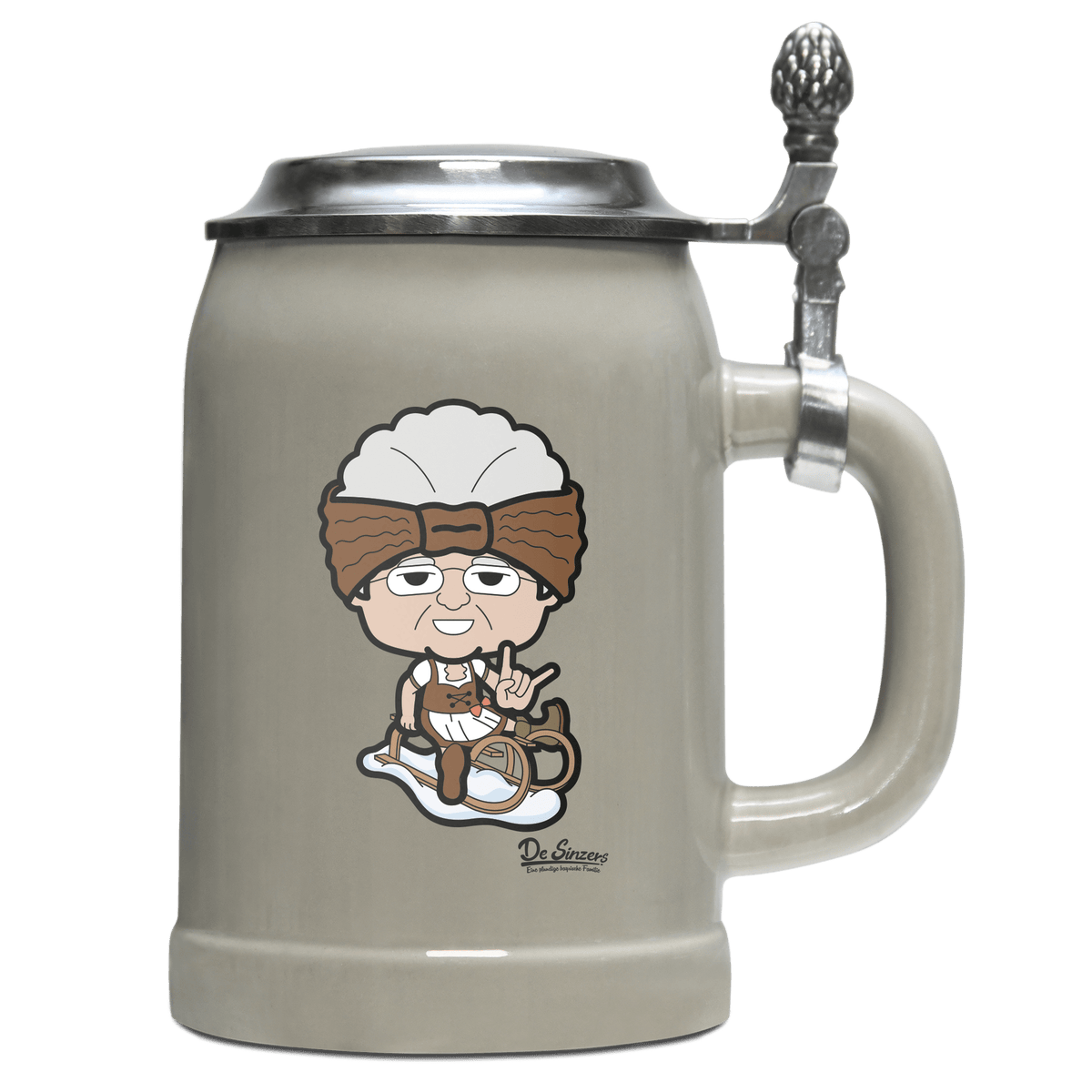 Die Oid Sinzerin Winter Edition Bierkrug 500ml Grau mit Deckel Hocheck Front