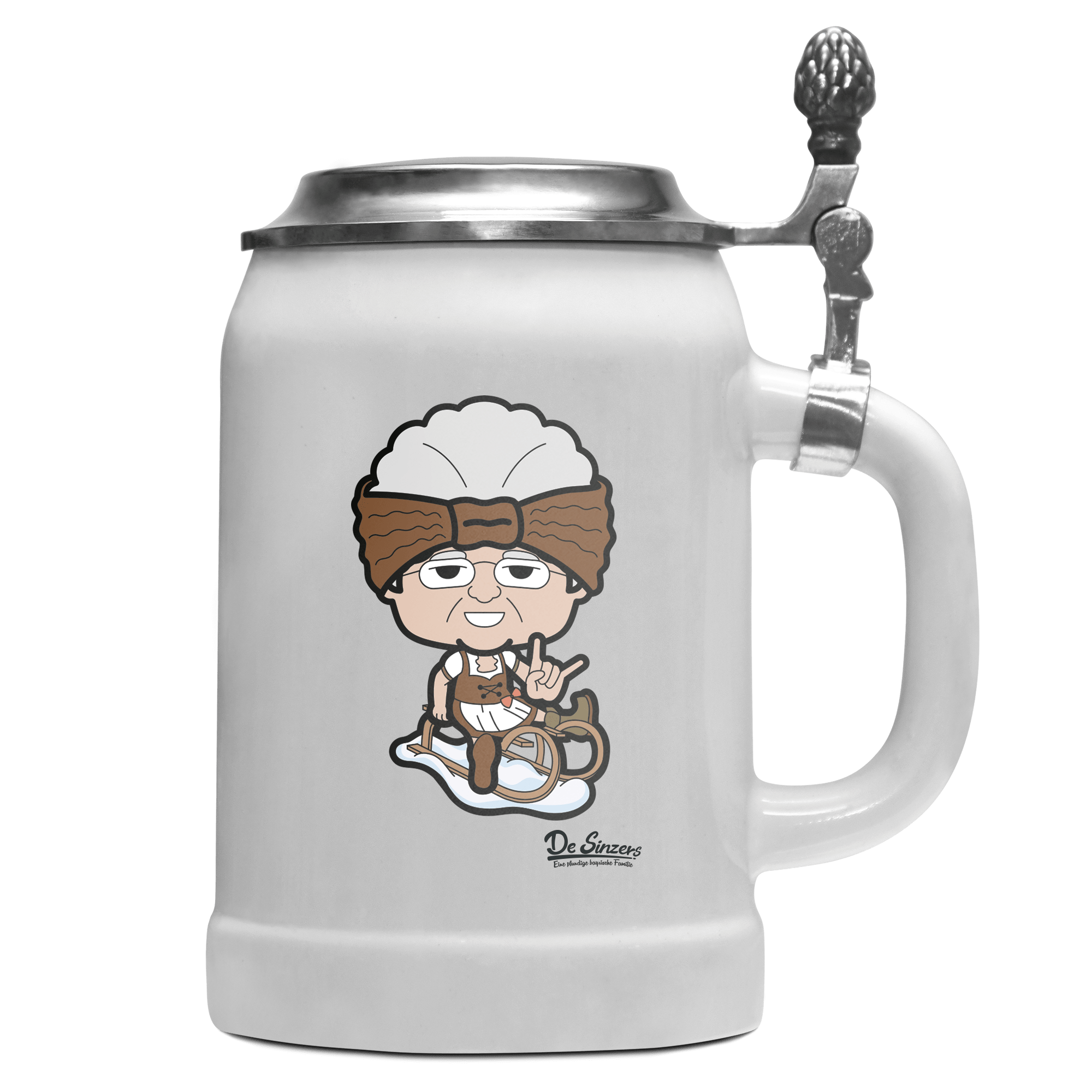 Die Oid Sinzerin Winter Edition Bierkrug 500ml Weiss mit Deckel Wetterspitzen Front
