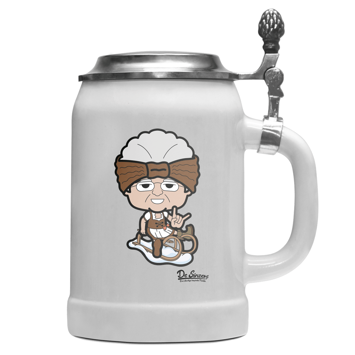 Die Oid Sinzerin Winter Edition Bierkrug 500ml Weiss mit Deckel Wetterspitzen Front