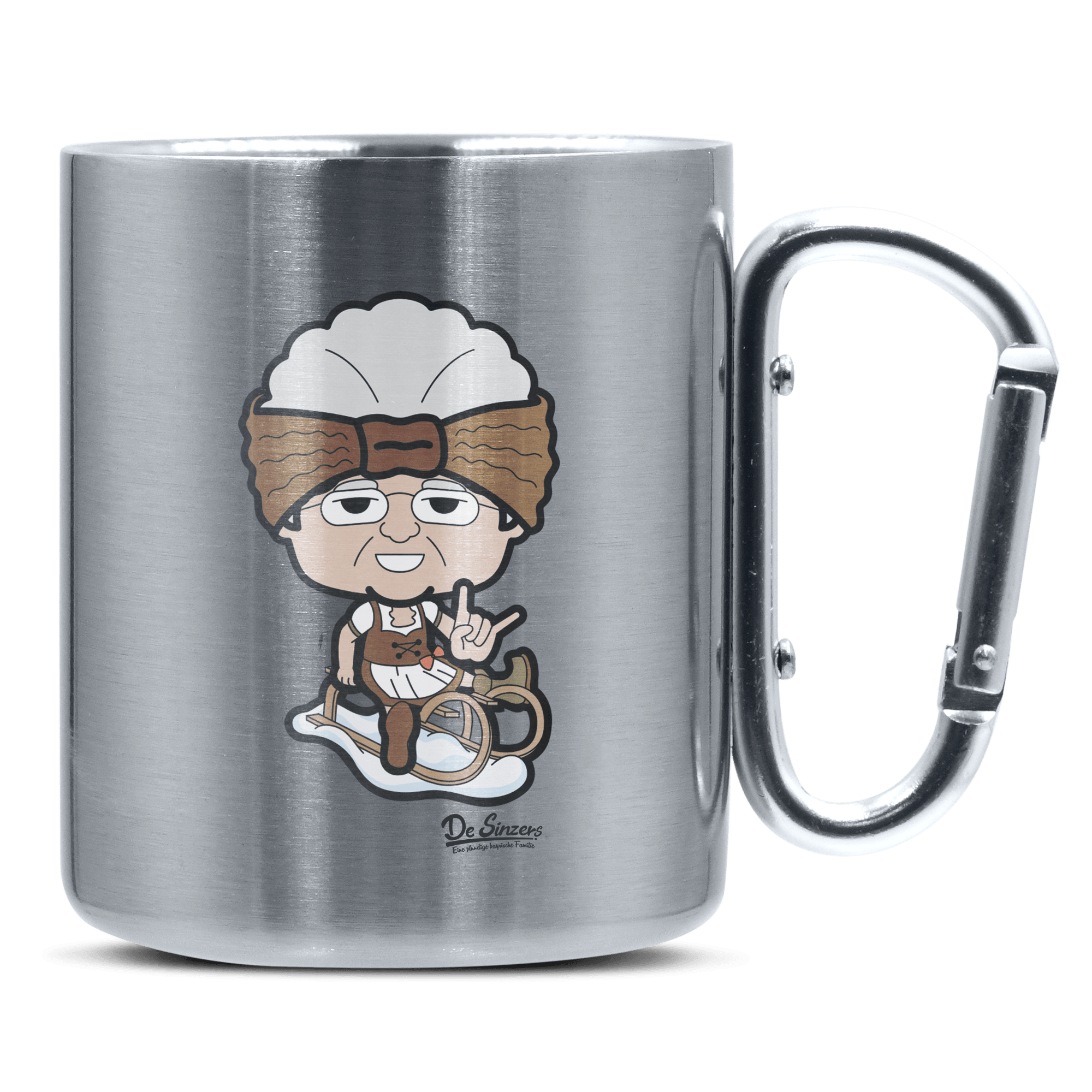 Die Oid Sinzerin Winter Edition Edelstahl Kaffeetasse silberer Karabiner 320ml Grosser Traithen Front