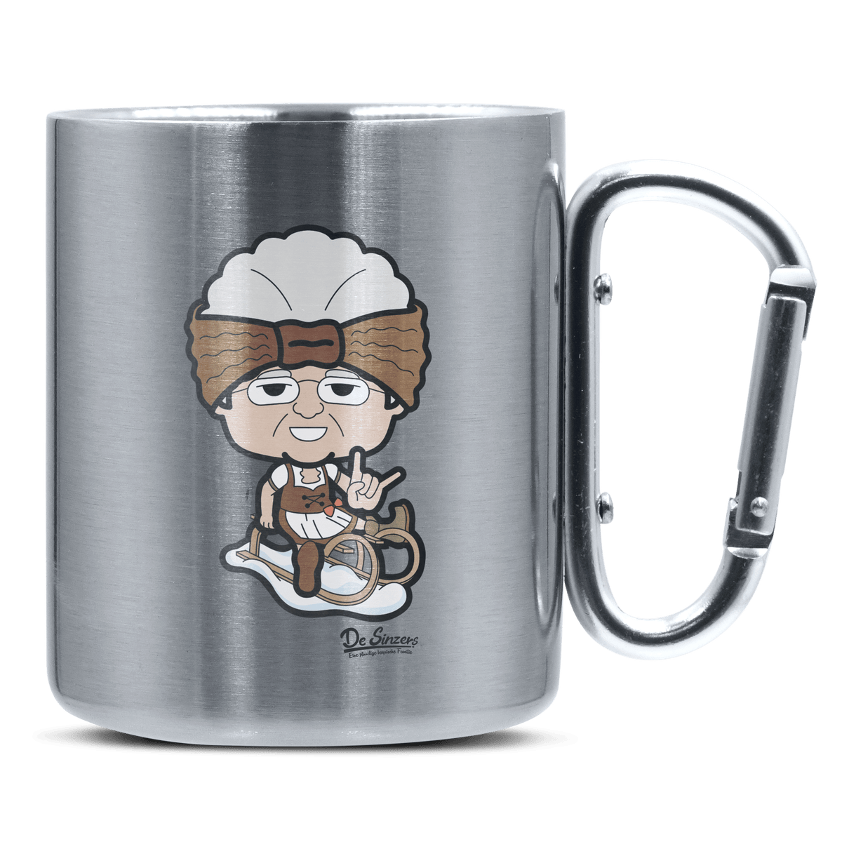 Die Oid Sinzerin Winter Edition Edelstahl Kaffeetasse silberer Karabiner 320ml Grosser Traithen Front