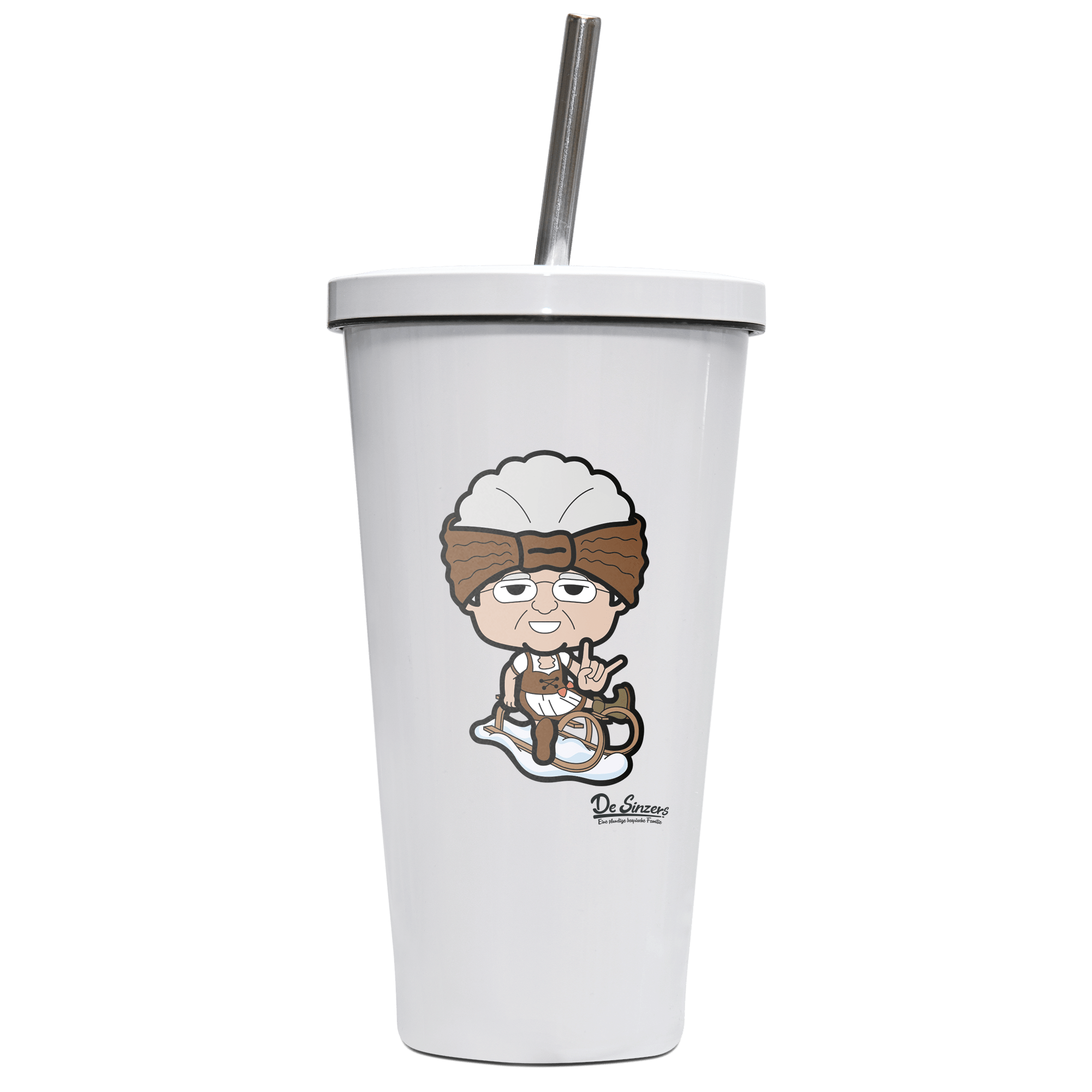 Die Oid Sinzerin Winter Edition Edelstahl Trinkbecher mit Strohhalm 480ml Weiss Krottenkopf Front