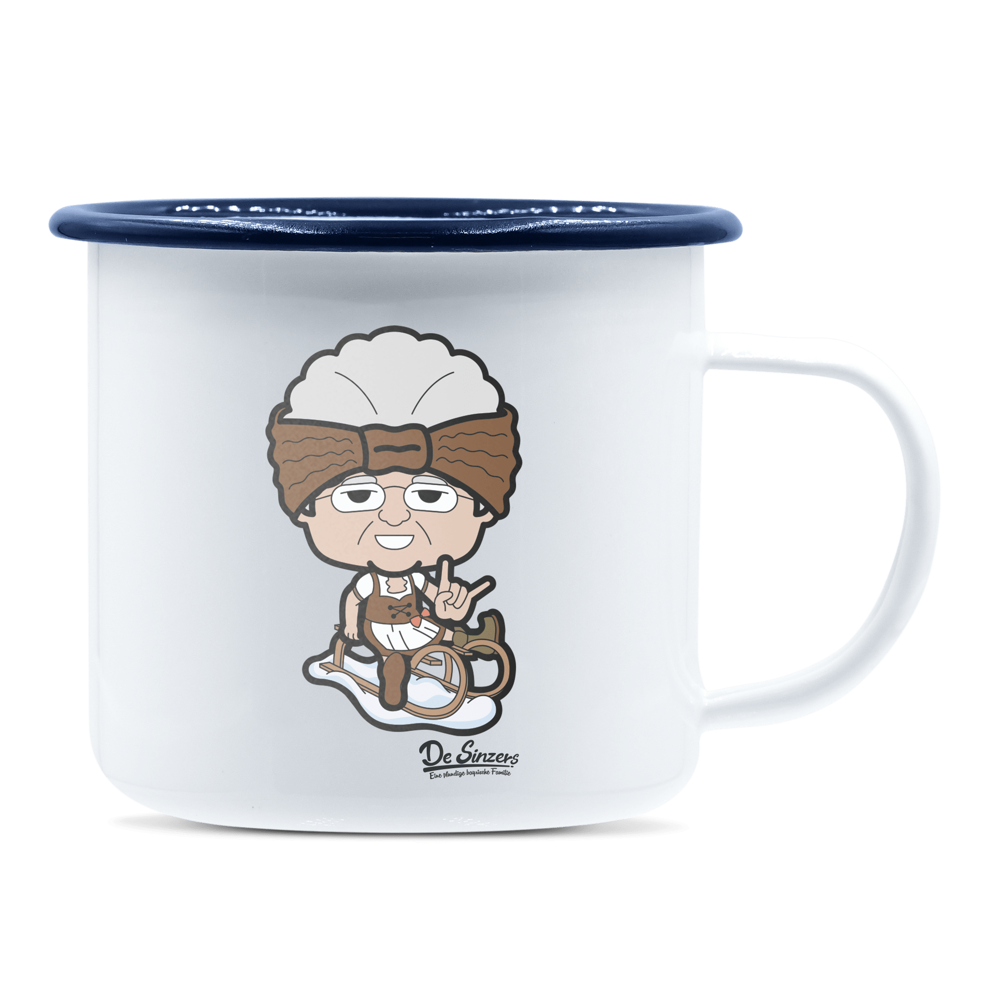 Die Oid Sinzerin Winter Edition Emaille Tasse 375ml Weiss Blau Heuberg Front