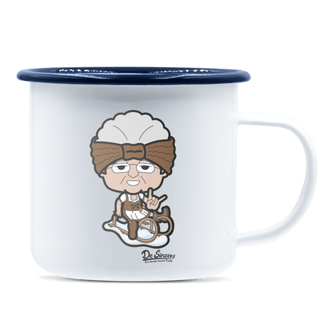 Die Oid Sinzerin Winter Edition Emaille Tasse 375ml Weiss Blau Heuberg Front