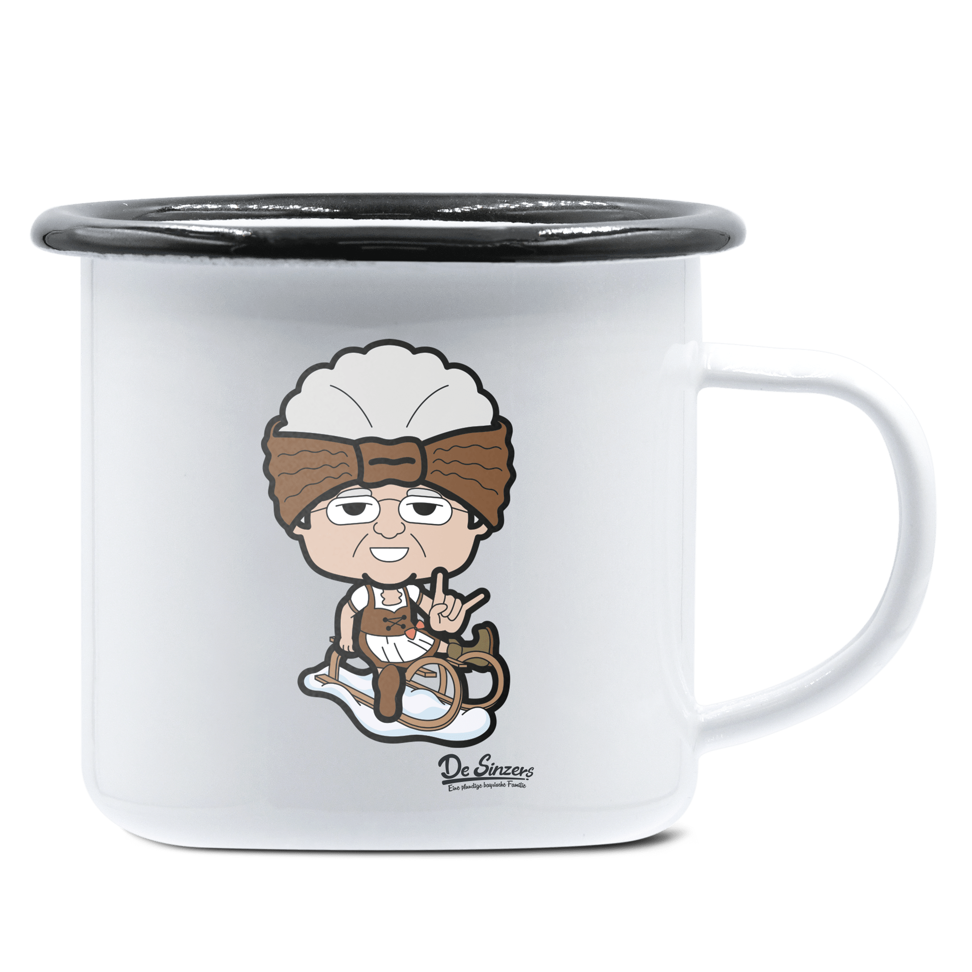 Die Oid Sinzerin Winter Edition Emaille Tasse 375ml Weiss Schwarz Hochries Front