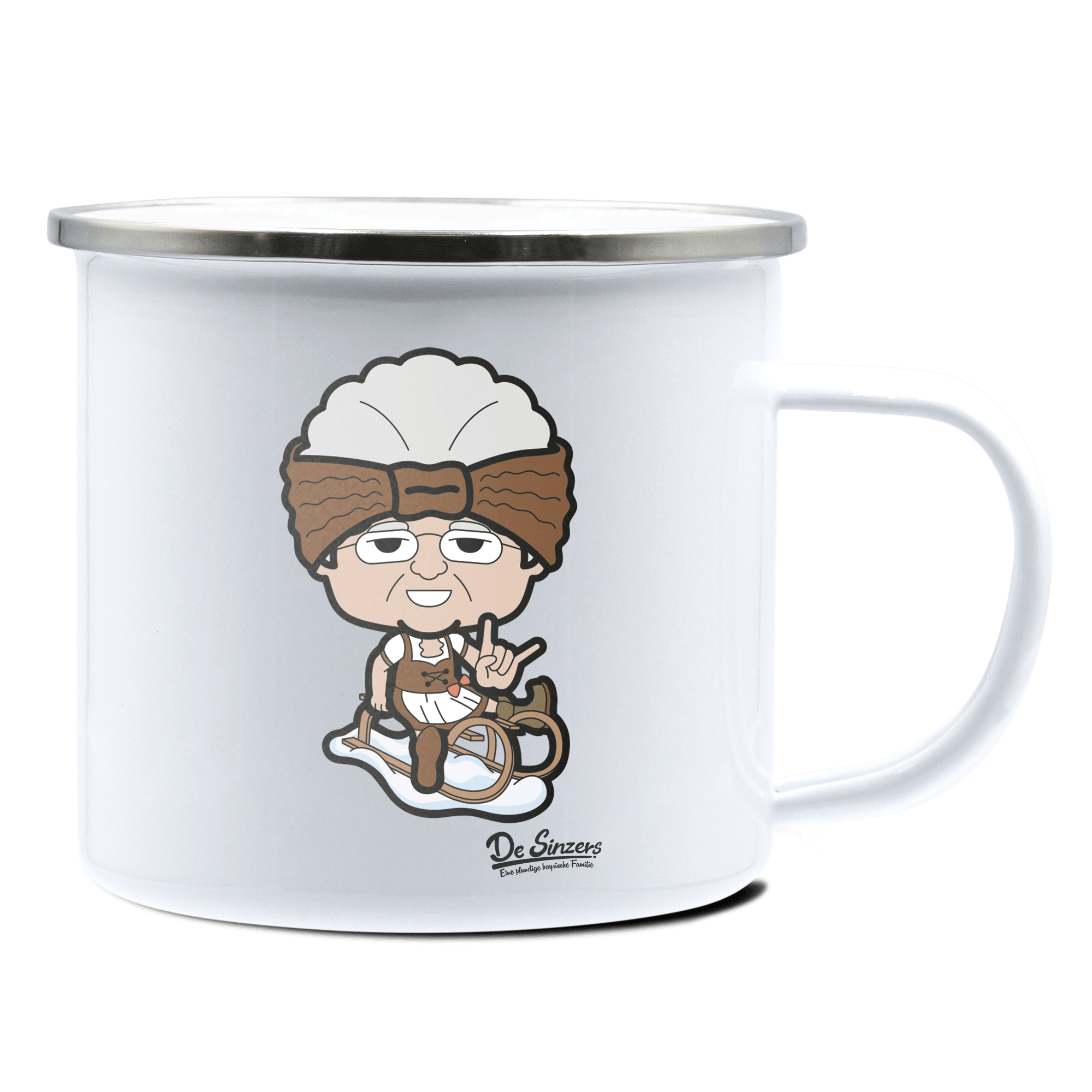 Die Oid Sinzerin Winter Edition Emaille Tasse 375ml Weiss Silber Kampenwand Front