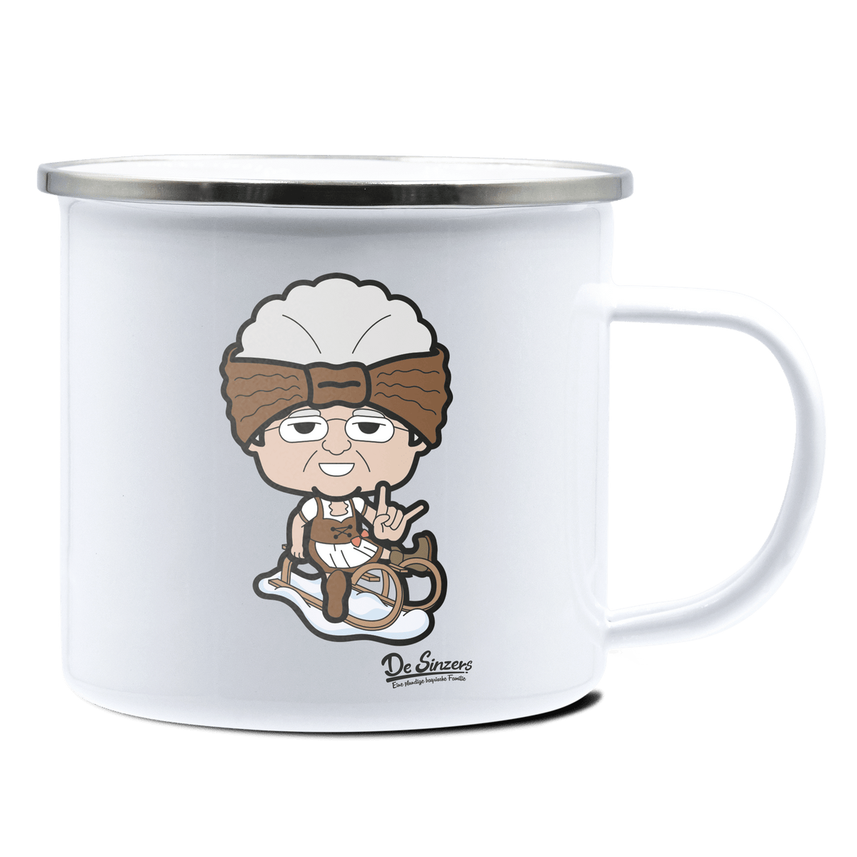 Die Oid Sinzerin Winter Edition Emaille Tasse 375ml Weiss Silber Kampenwand Front