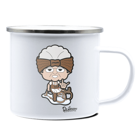 Die Oid Sinzerin Winter Edition Emaille Tasse 375ml Weiss Silber Kampenwand Front