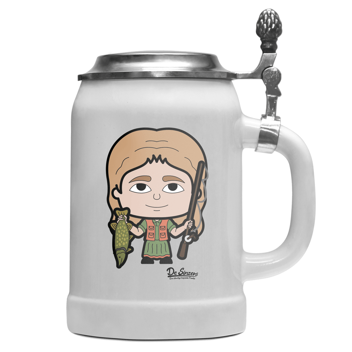 Die Sinzerin Angler Bierkrug 500ml Weiss mit Deckel Wetterspitzen Front