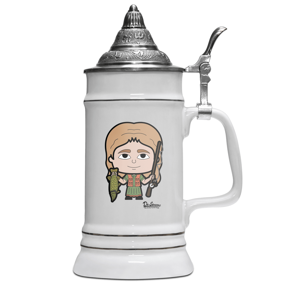 Die Sinzerin Angler Bierkrug 500ml Weiss mit Spitzdeckel Wendelstein Front