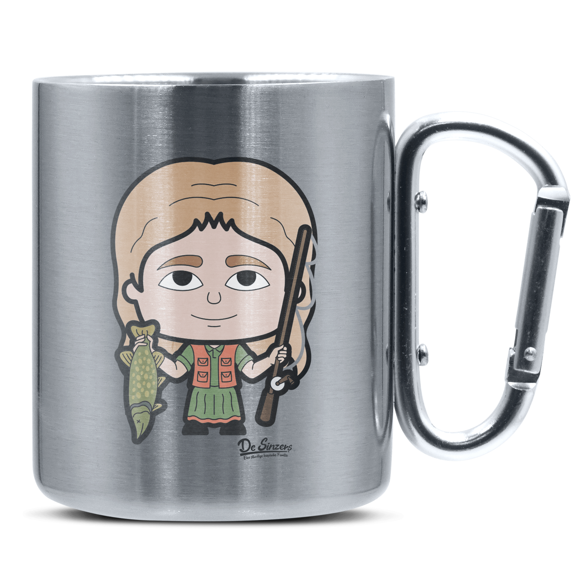 Die Sinzerin Angler Edelstahl Kaffeetasse silberer Karabiner 320ml Grosser Traithen Front