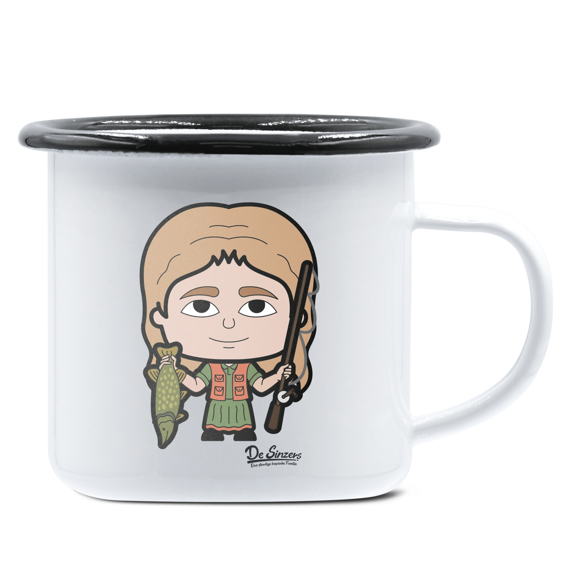 Die Sinzerin Angler Emaille Tasse 375ml Weiss Schwarz Hochries Front