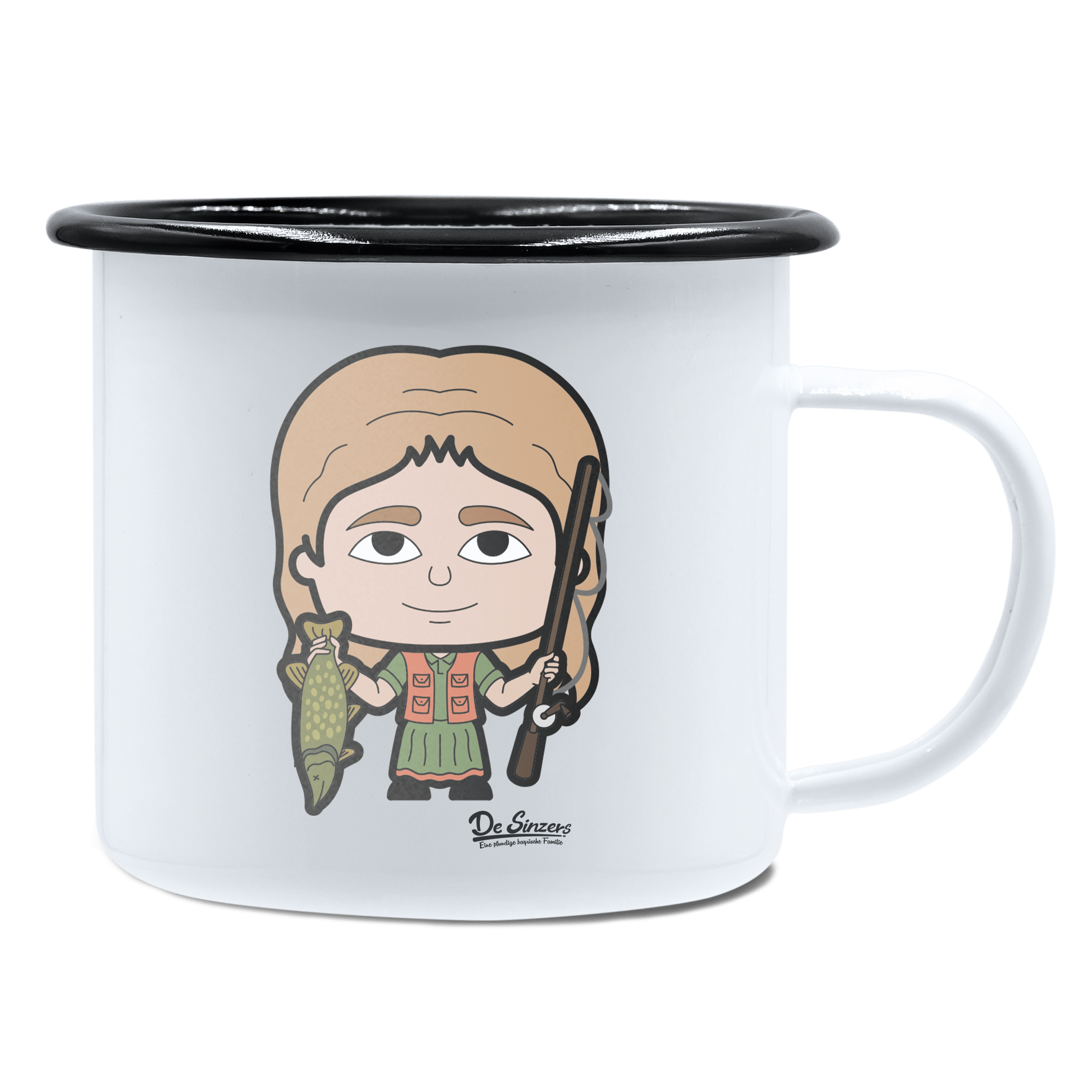 Die Sinzerin Angler Emaille Tasse 450ml Weiss Schwarz Spitzstein Front