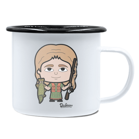 Die Sinzerin Angler Emaille Tasse 450ml Weiss Schwarz Spitzstein Front