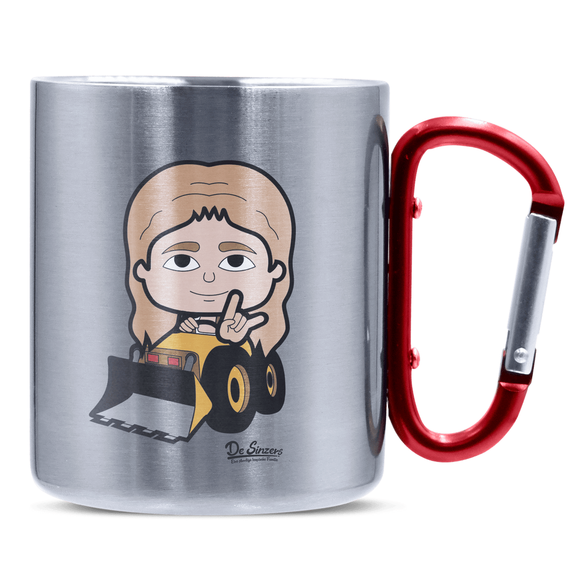 Die Sinzerin Baggerfahrer Edelstahl Kaffeetasse roter Karabiner 320ml Kitzstein Front