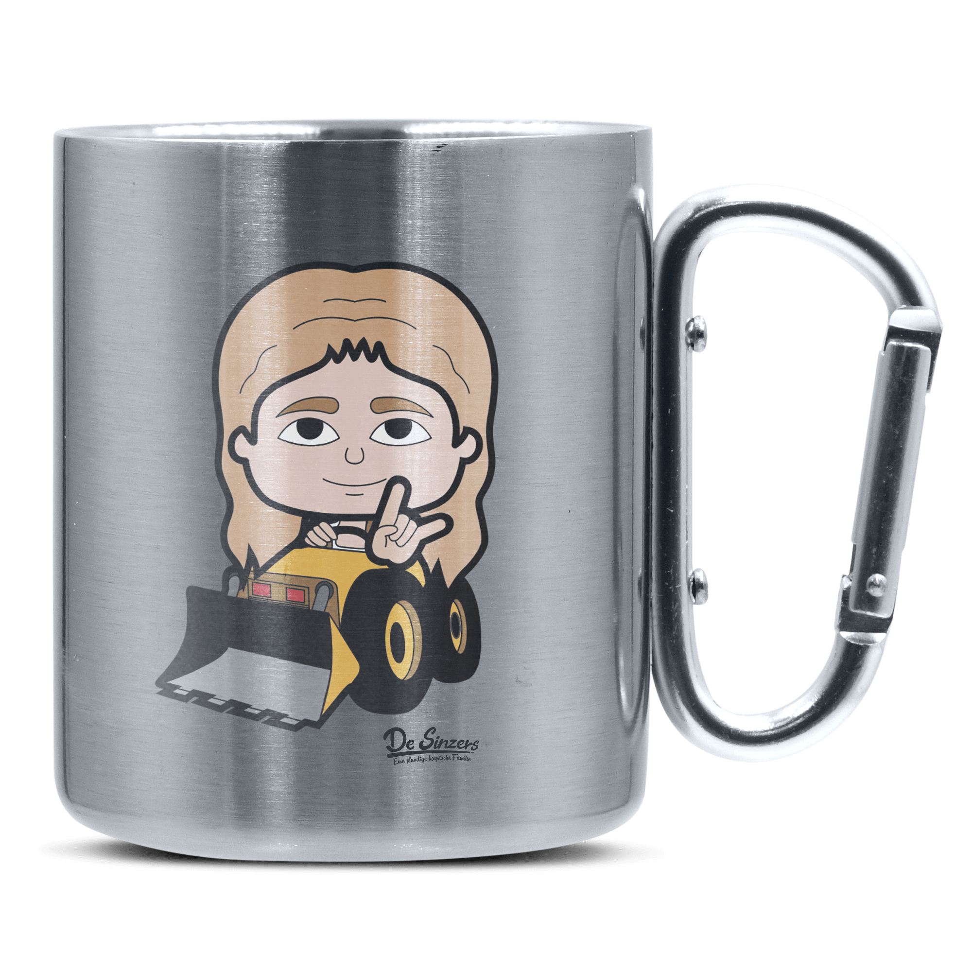 Die Sinzerin Baggerfahrer Edelstahl Kaffeetasse silberer Karabiner 320ml Grosser Traithen Front