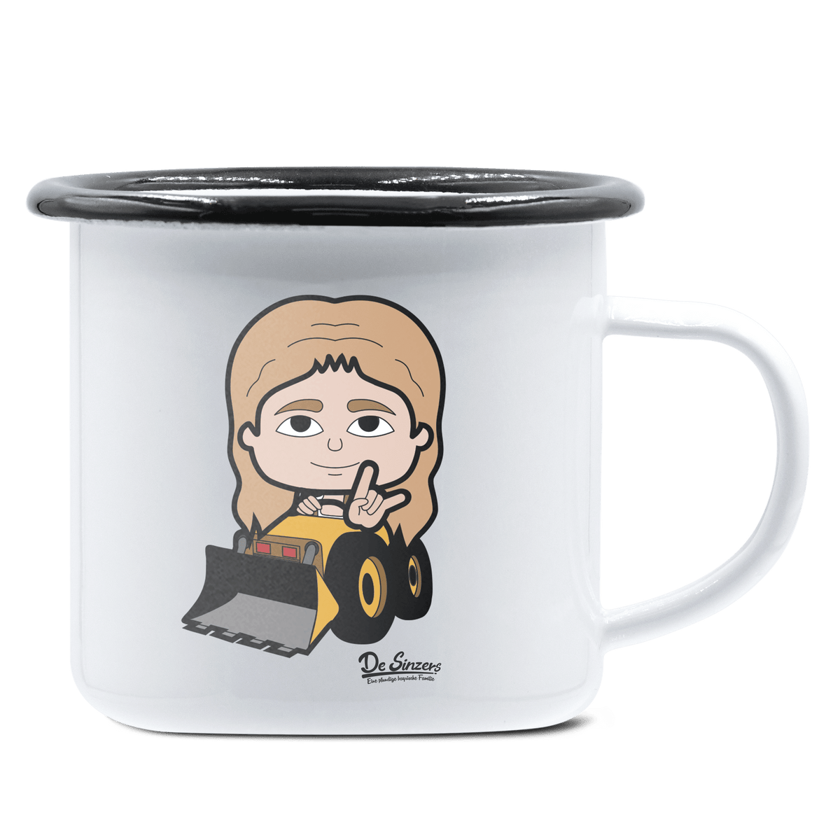 Die Sinzerin Baggerfahrer Emaille Tasse 375ml Weiss Schwarz Hochries Front