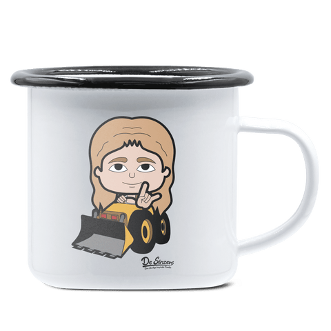 Die Sinzerin Baggerfahrer Emaille Tasse 375ml Weiss Schwarz Hochries Front