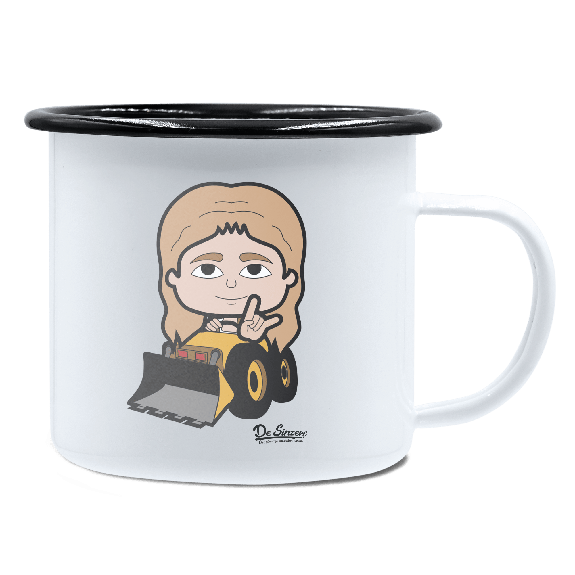 Die Sinzerin Baggerfahrer Emaille Tasse 450ml Weiss Schwarz Spitzstein Front