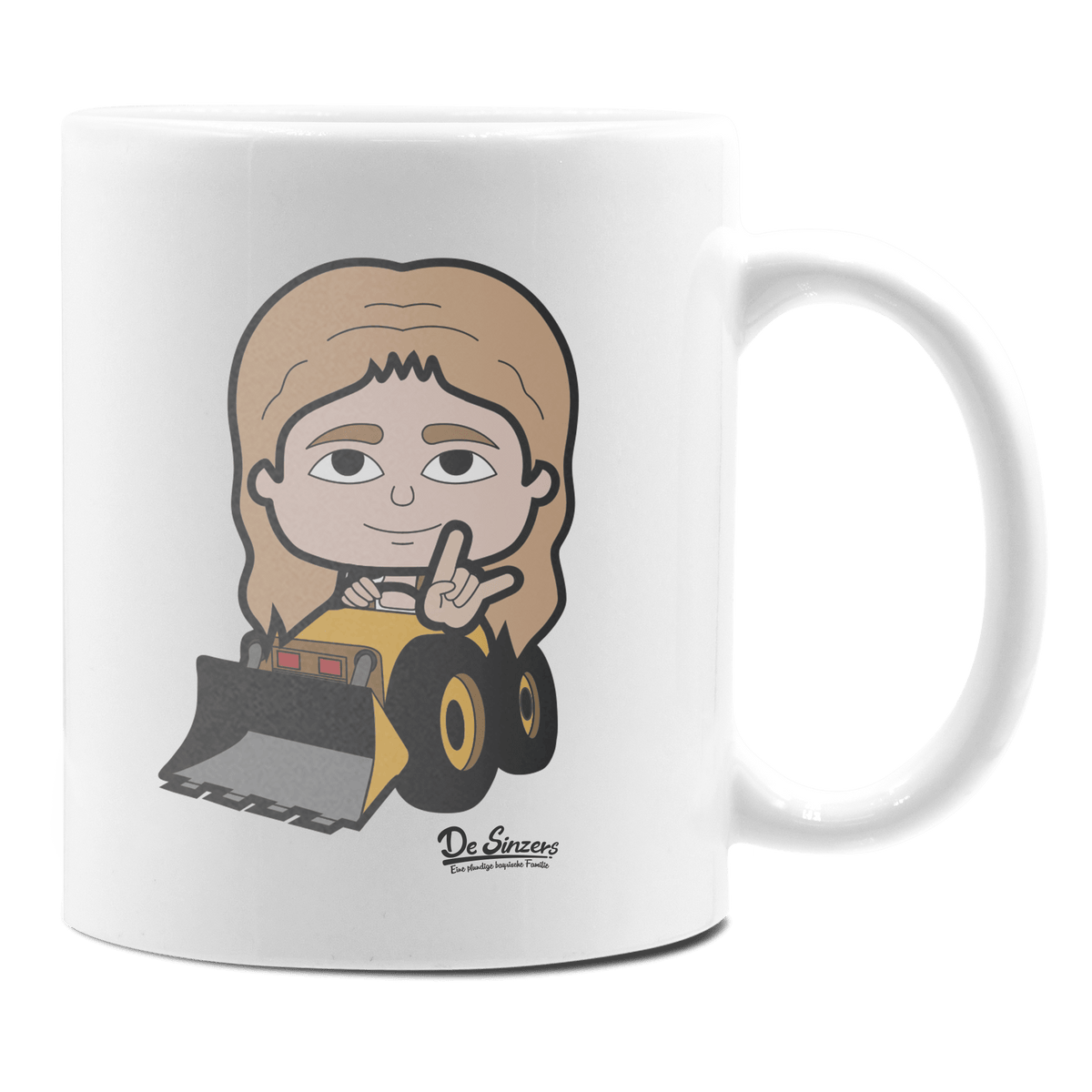 Die Sinzerin Baggerfahrer Keramik Kaffeetasse 330ml Weiss Rampoldplatte Front