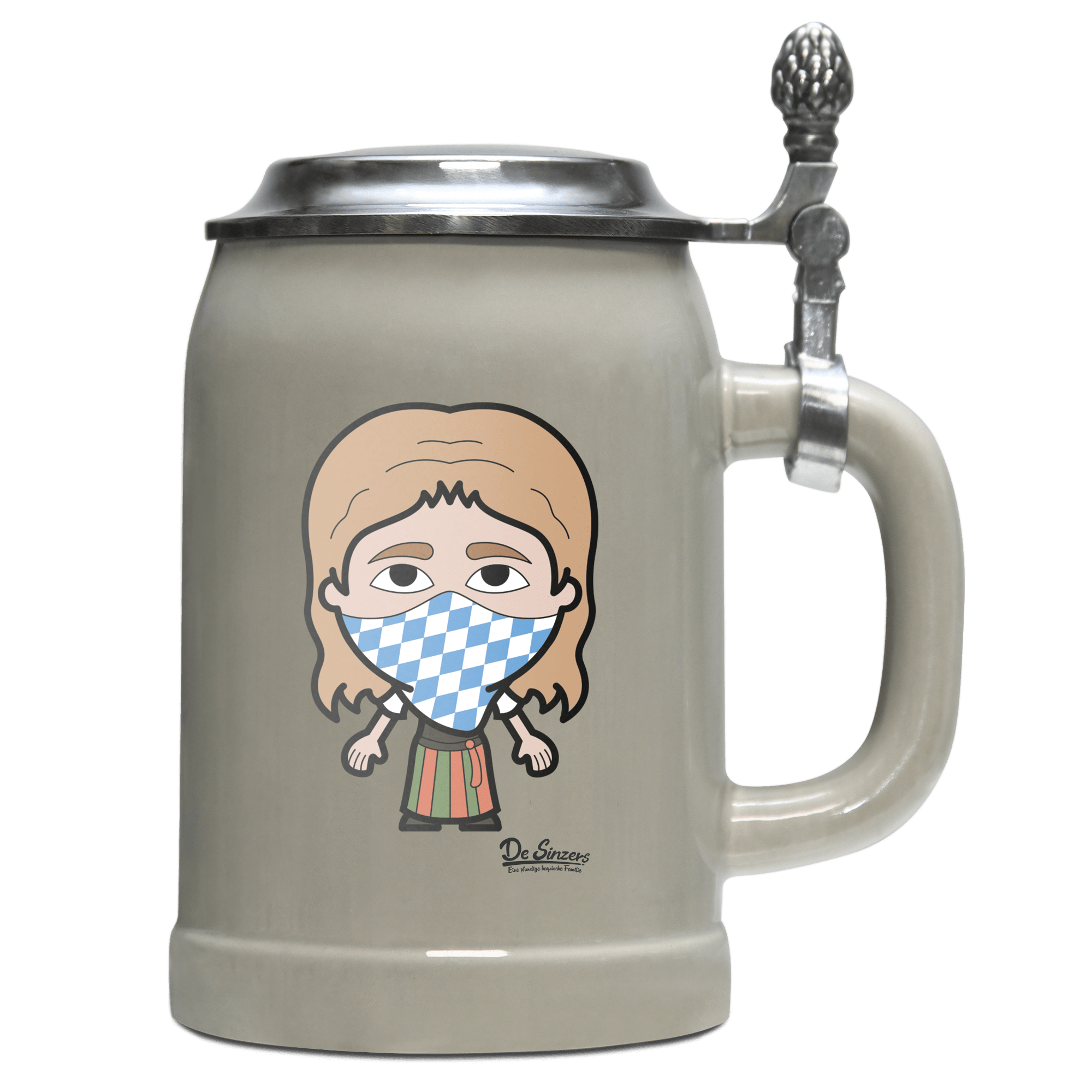 Die Sinzerin Bayrisches Mundtuch Bierkrug 500ml Grau mit Deckel Hocheck Front