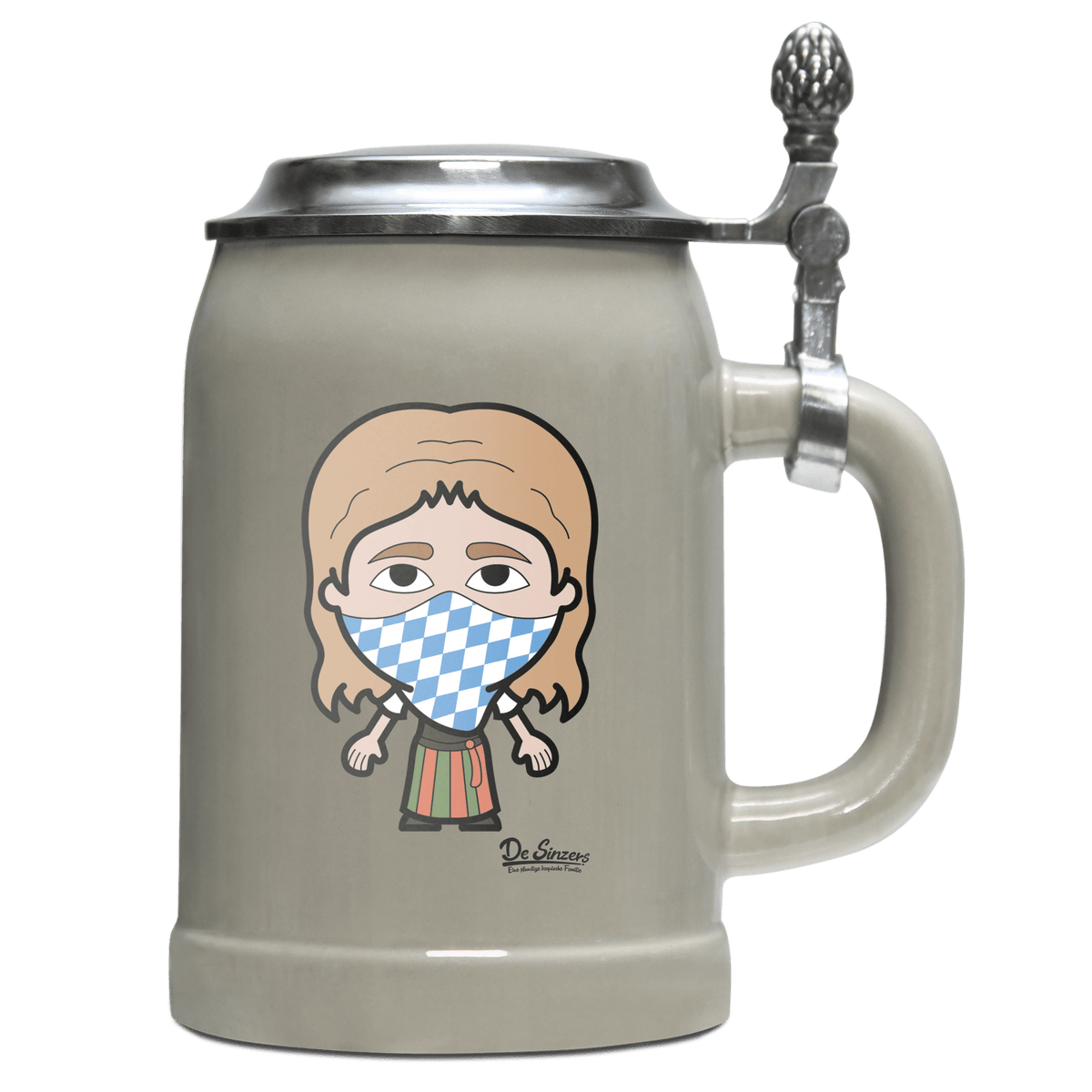 Die Sinzerin Bayrisches Mundtuch Bierkrug 500ml Grau mit Deckel Hocheck Front