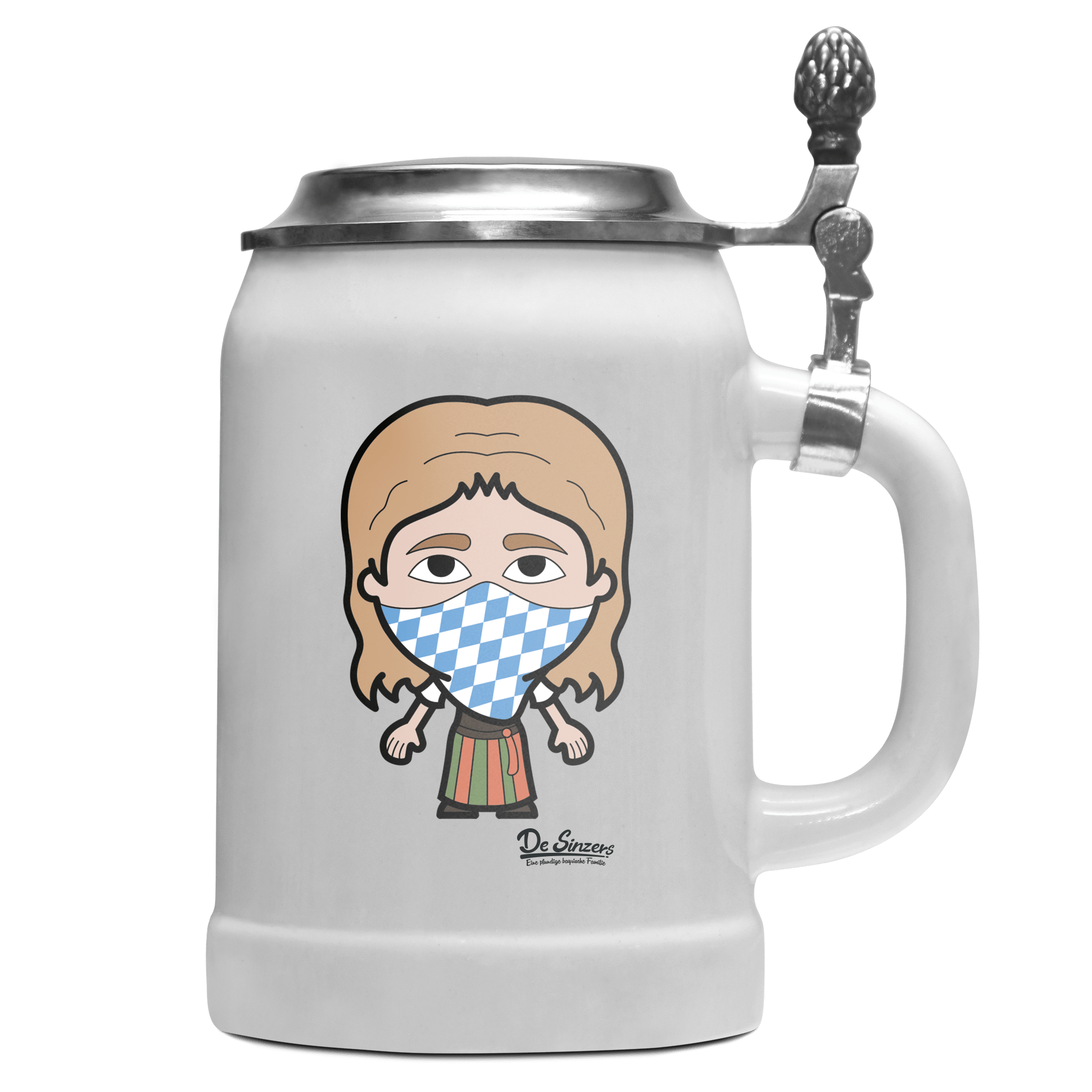 Die Sinzerin Bayrisches Mundtuch Bierkrug 500ml Weiss mit Deckel Wetterspitzen Front